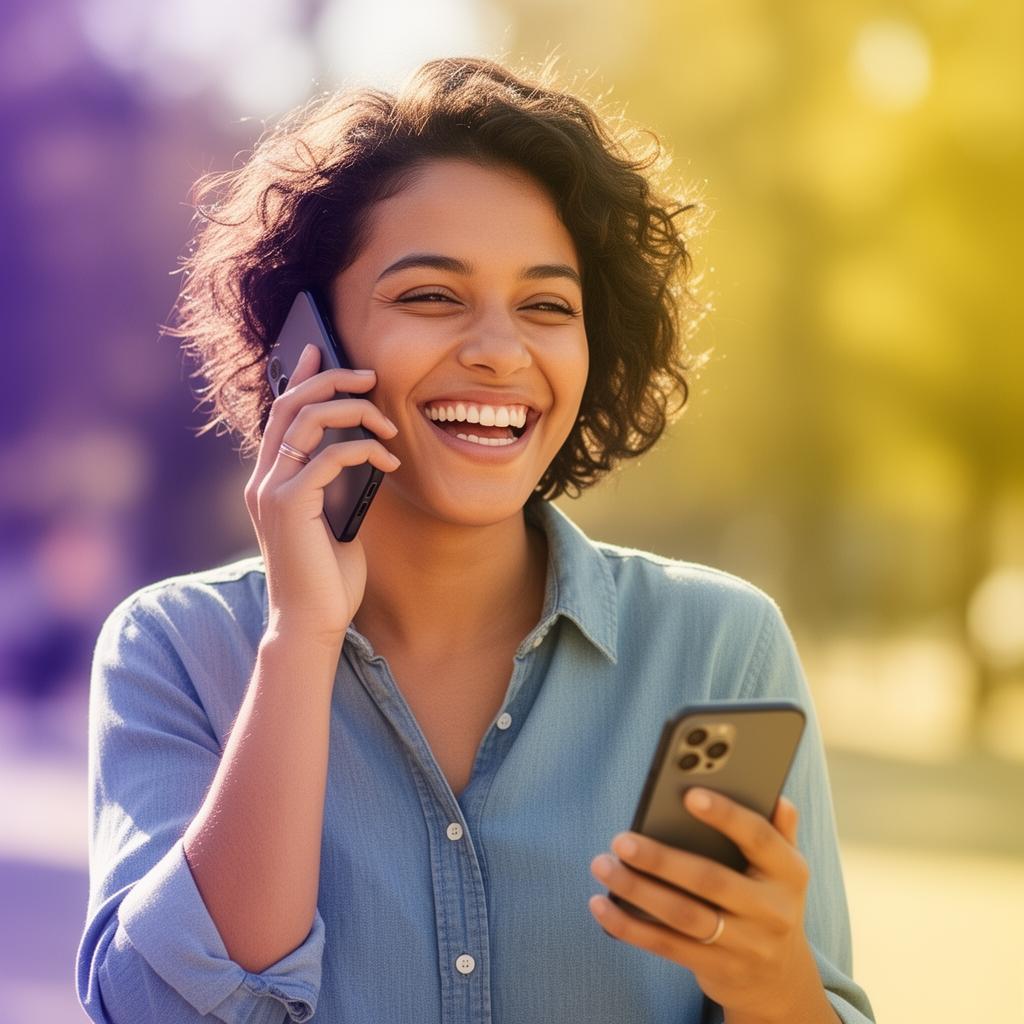 A smiling traveler making a call right after arriving