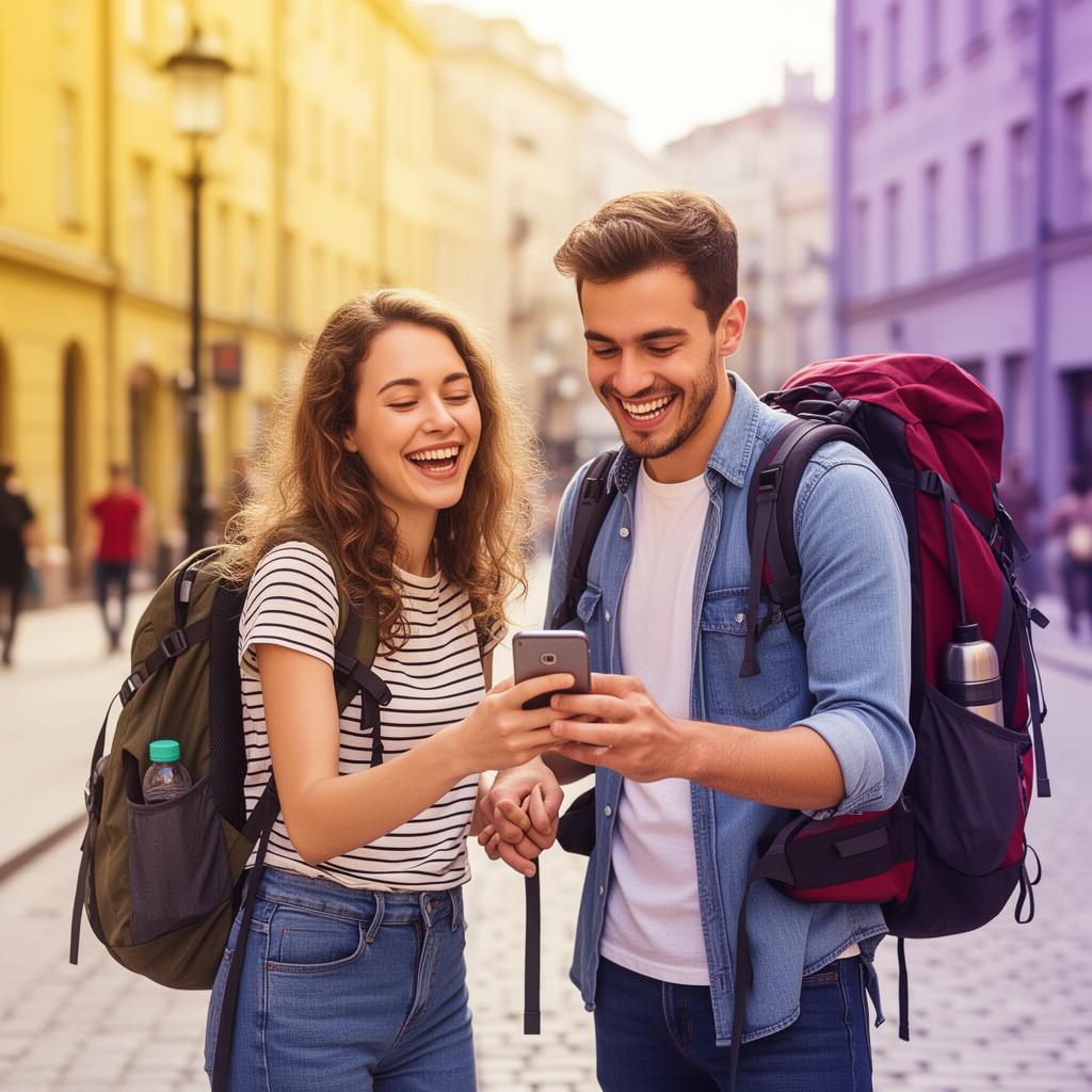 Two smiling travelers checking their BestieMobile app on a city street