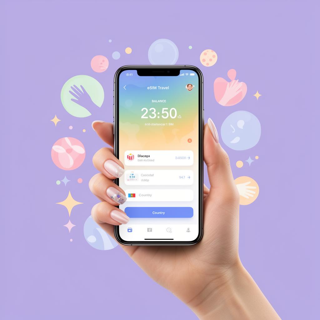 Hand holding a phone displaying the BestieMobile eSIM app